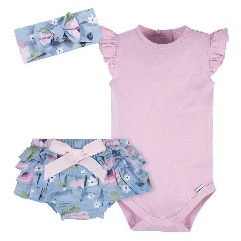3-Piece Baby Girls Periwinkle Garden Onesies Bodysuit, Diaper Cover & Headband Set