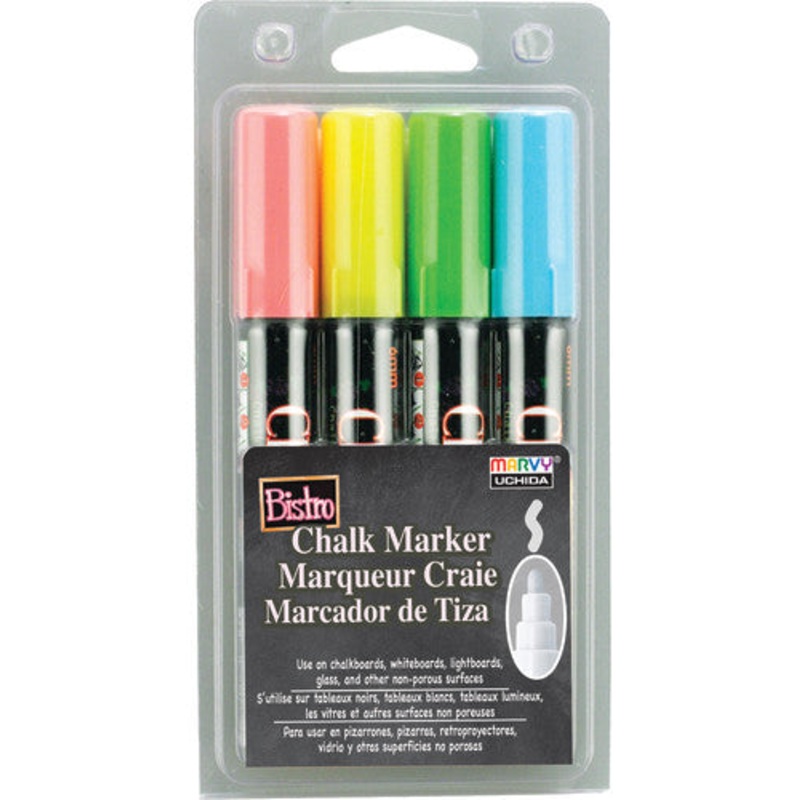 Bistro Chalk Markers, Broad Tip 4-Color Set, Fluorescent Red, Blue, Green, Yellow