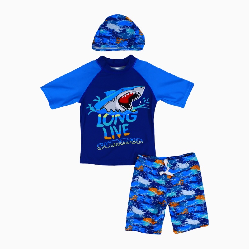 Boys Swimsuit  Blue Shark Print (3-Piece Set)