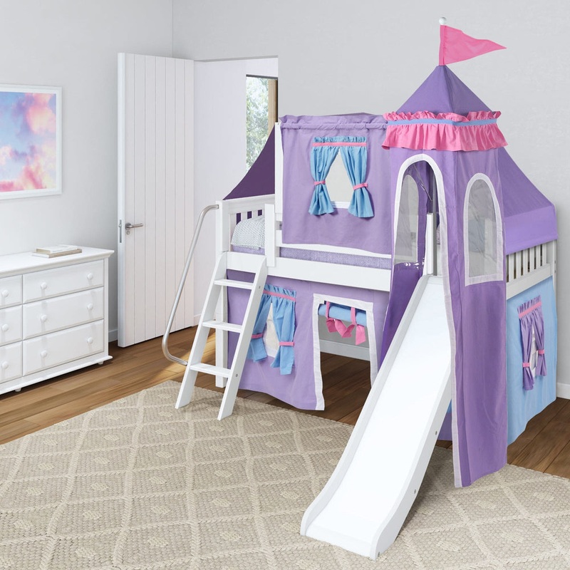 Maxtrix Twin Low Loft Bed with Angled Ladder, Slide, Top Tent, Underbed Curtain and Slide Tower
