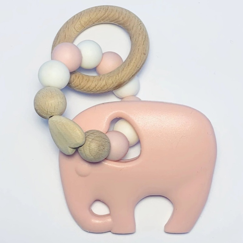Sugar + Maple Silicone + Beechwood Teether Elephant – Blush
