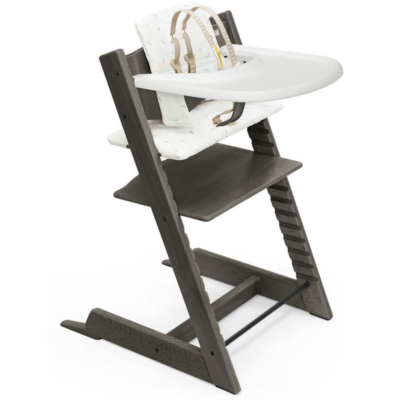 Tripp Trapp High Chair and Cushion with Stokke Tray — Hazy Grey / Icon Multicolor