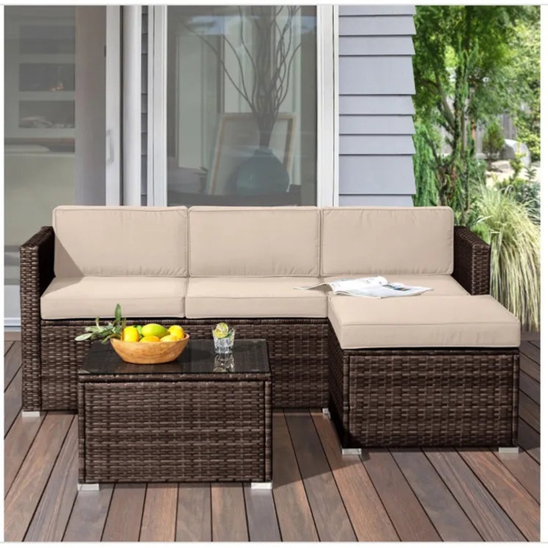 3-Piece Rattan Patio Furniture Set with Sectional and Table, Brown