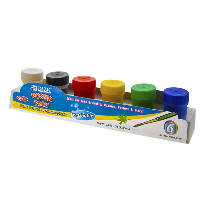 BAZIC 0.75 FL OZ (22.2 mL) 6 Color Washable Poster Paint w/ Brush