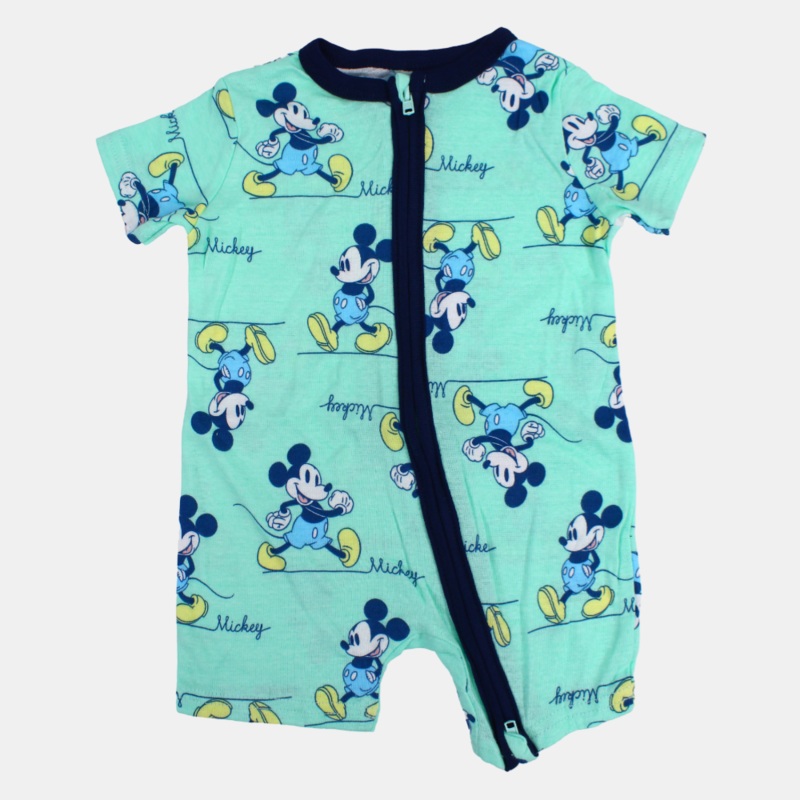 Baby Boys Cotton Romper  Aqua with Mickey Mouse Print
