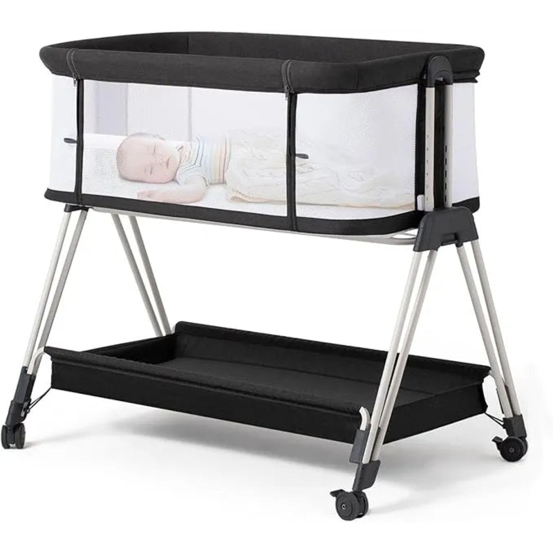 Baby Bassinet Bedside Sleeper with Wheels and Storage Tray – Dark Gray Tweed