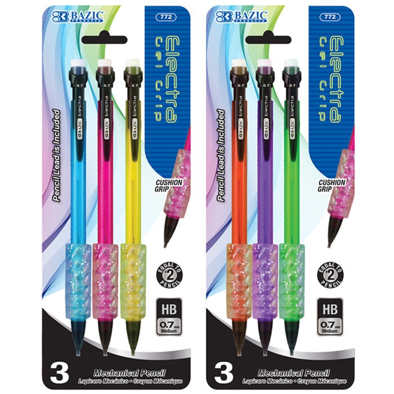 BAZIC Electra 0.7 mm Fashion Color Mechanical Pencil with Gel Grip (3/Pack)