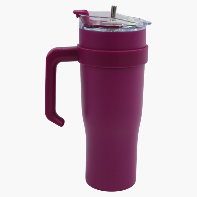 Purple Stainless Steel Travel Mug  Large With Handle & Straw