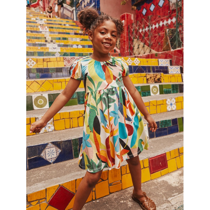 Tea Collection | Puff Sleeve Empire Dress 3-6m Parakeet Tropicalia