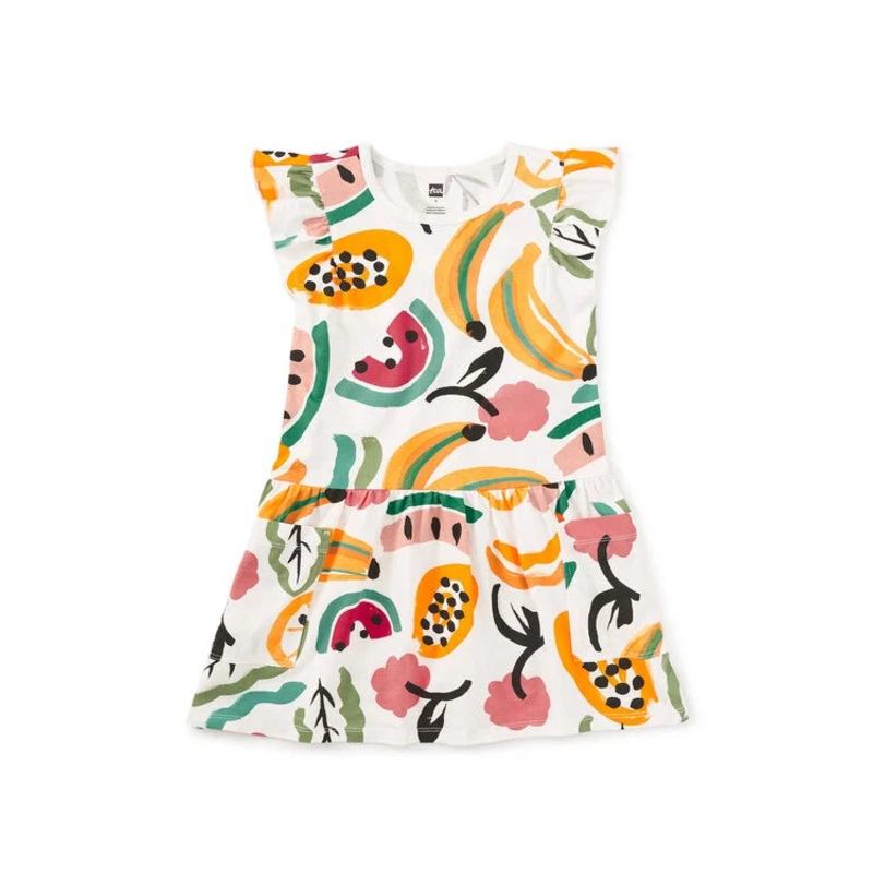 Tea Collection | Flutter Sleeve Pocket Dress 2T Painted Tropical Fruit